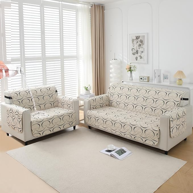 Waterproof & Quick-Dry Quilted Sofa Cover with Pockets on Armrest, Natural Beige Abstract Art
