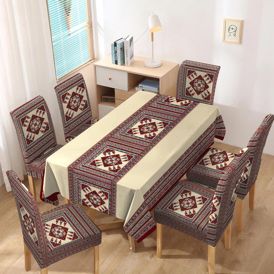 Polyester Dining Chair Covers Set of 4/6 with Matching Tablecloth, Tribal Maroon