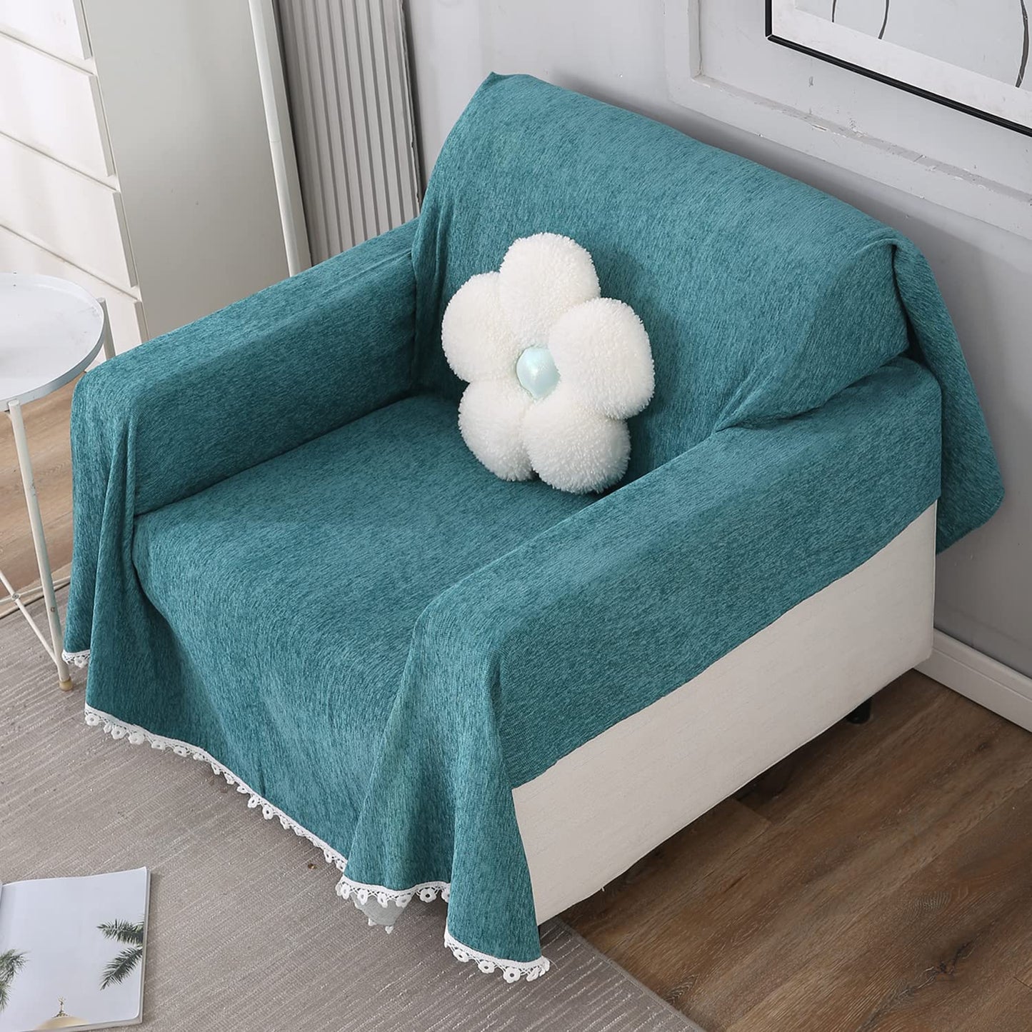 Buy 1 Seater elegant Blue colour chenille sofa throw of size 180(D)x180(L)