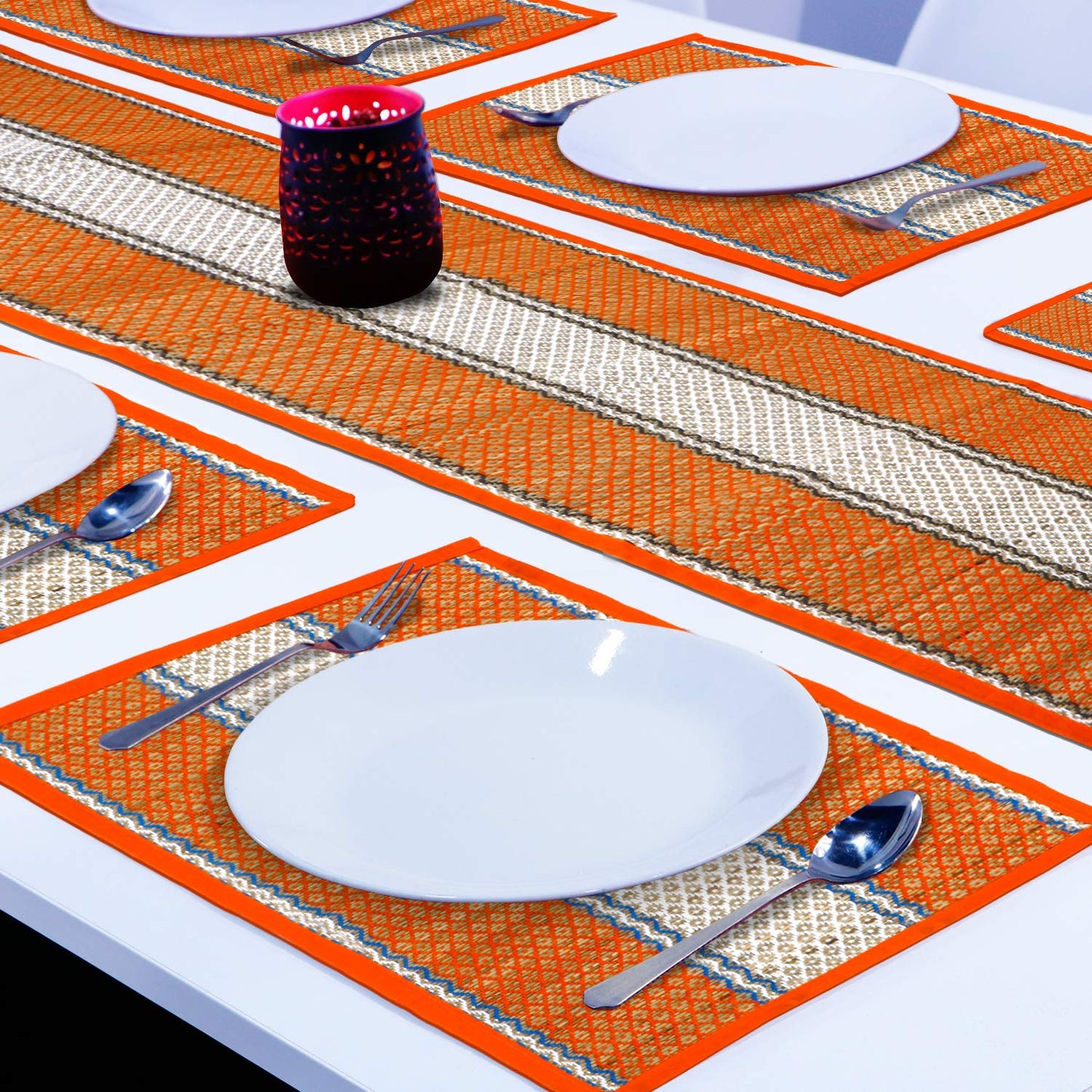 Handmade Madurkathi River Grass Dining Table Mats, Orange