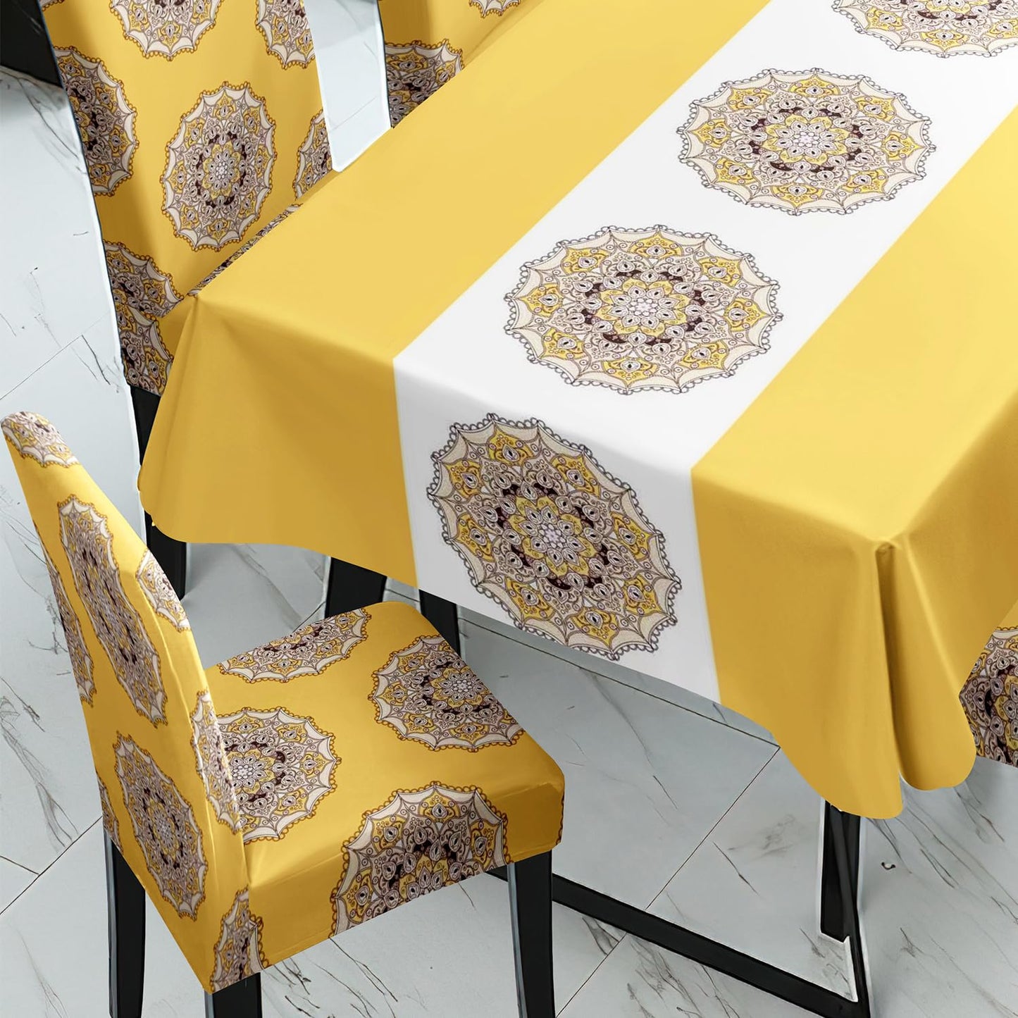 Yellow Printed Dining Table Cover with Chair Covers | 4/6 Seater