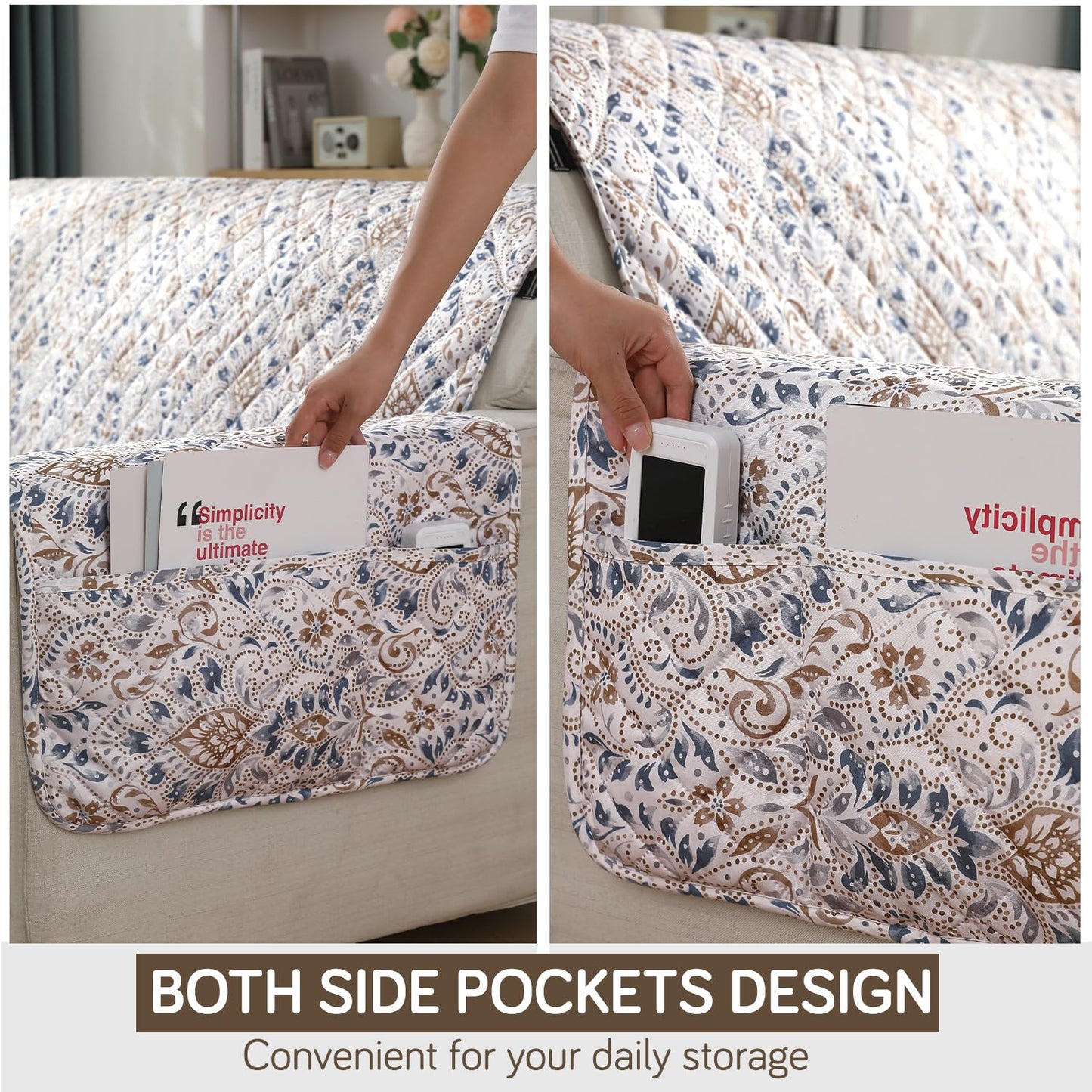 Quilted Waterproof Sofa Cover Mat with Pockets on Armrest Cover -Damask White