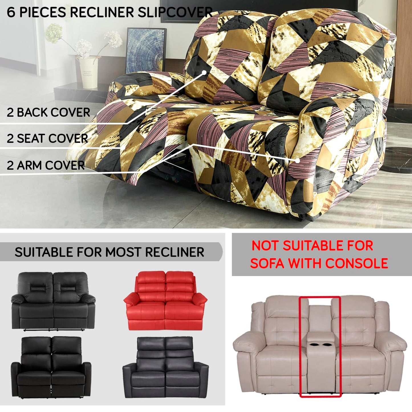 Elastic Stretchable Printed 140gsm Fully Covered Recliner Sofa Cover, Wine Abstract Geometry