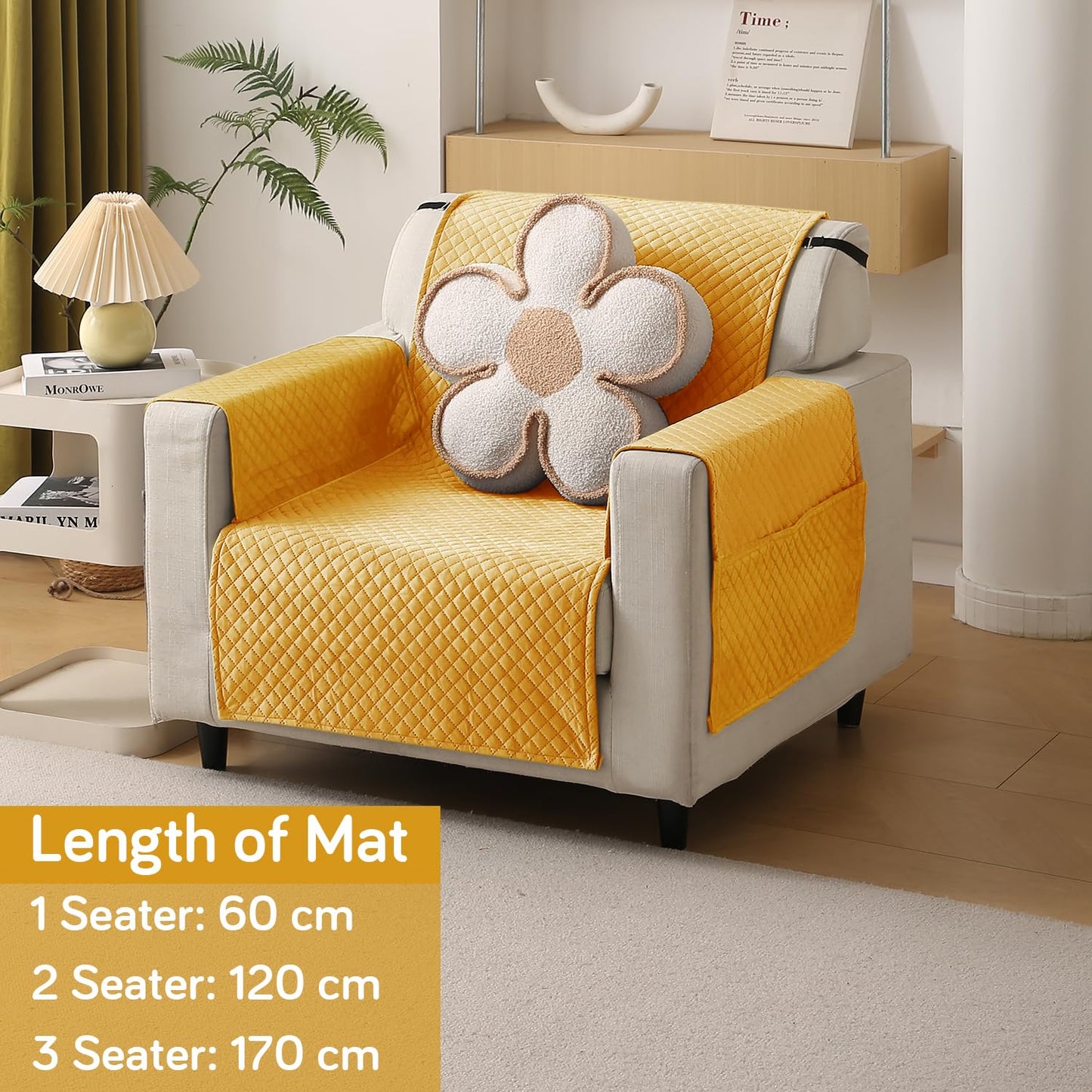 Quilted Velvet Sofa Cover Mat with Side Pockets, Pet Friendly, Mustard Yellow
