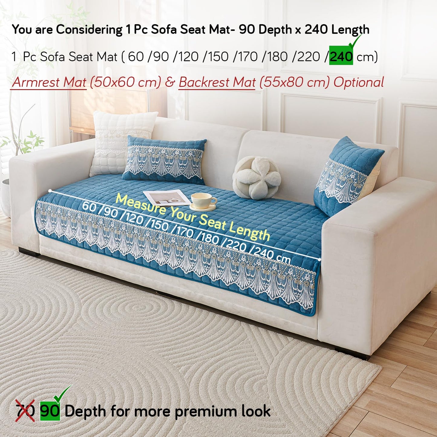 BelleLace Series Imperial Milk Velvet Sofa Cover Mat with Lace Design - Celdaon Blue