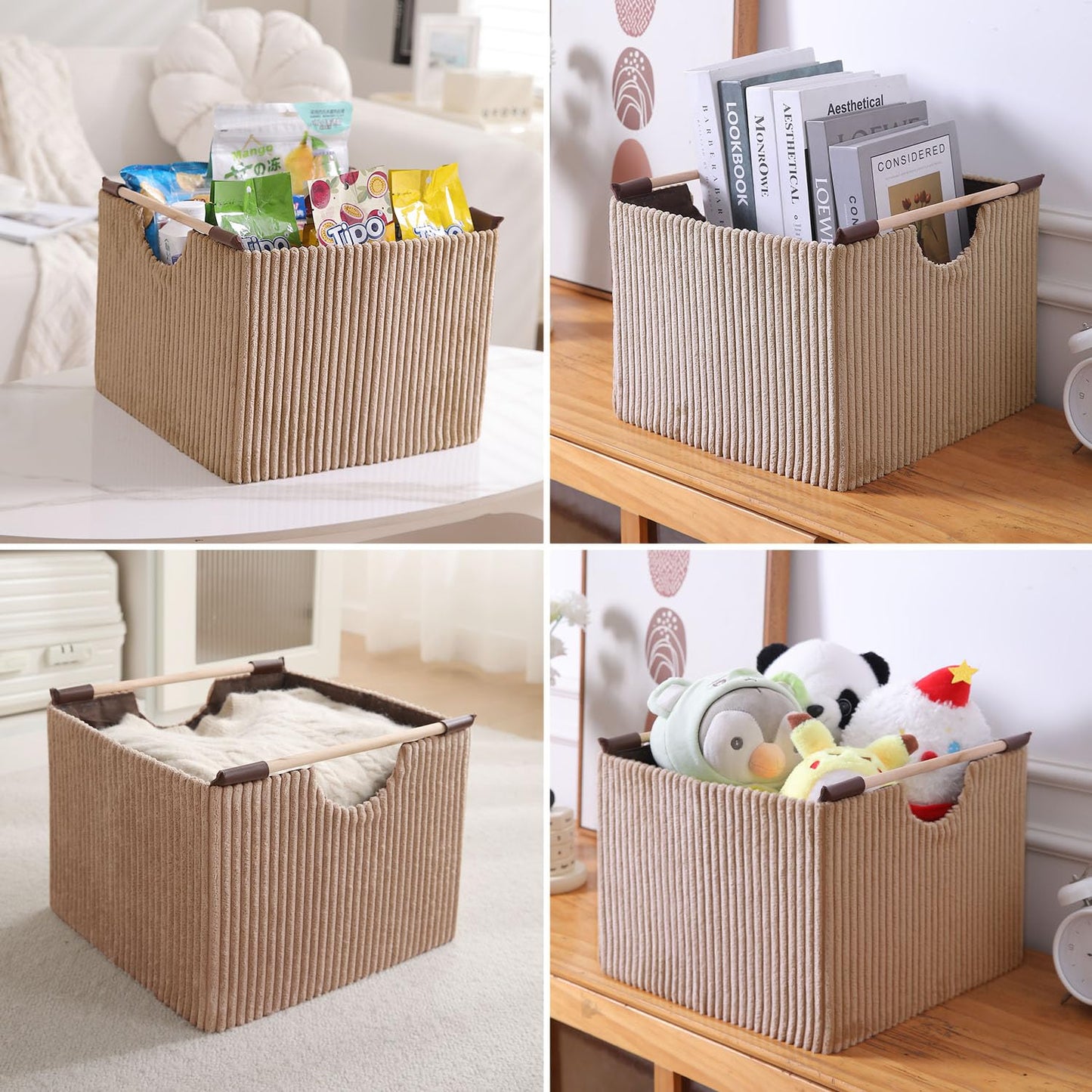 Premium Foldable Storage Bin with Wooden Handles | Corduroy Fabric Organizer Box for Wardrobe, Books, Clothes & Misc Items, Cream