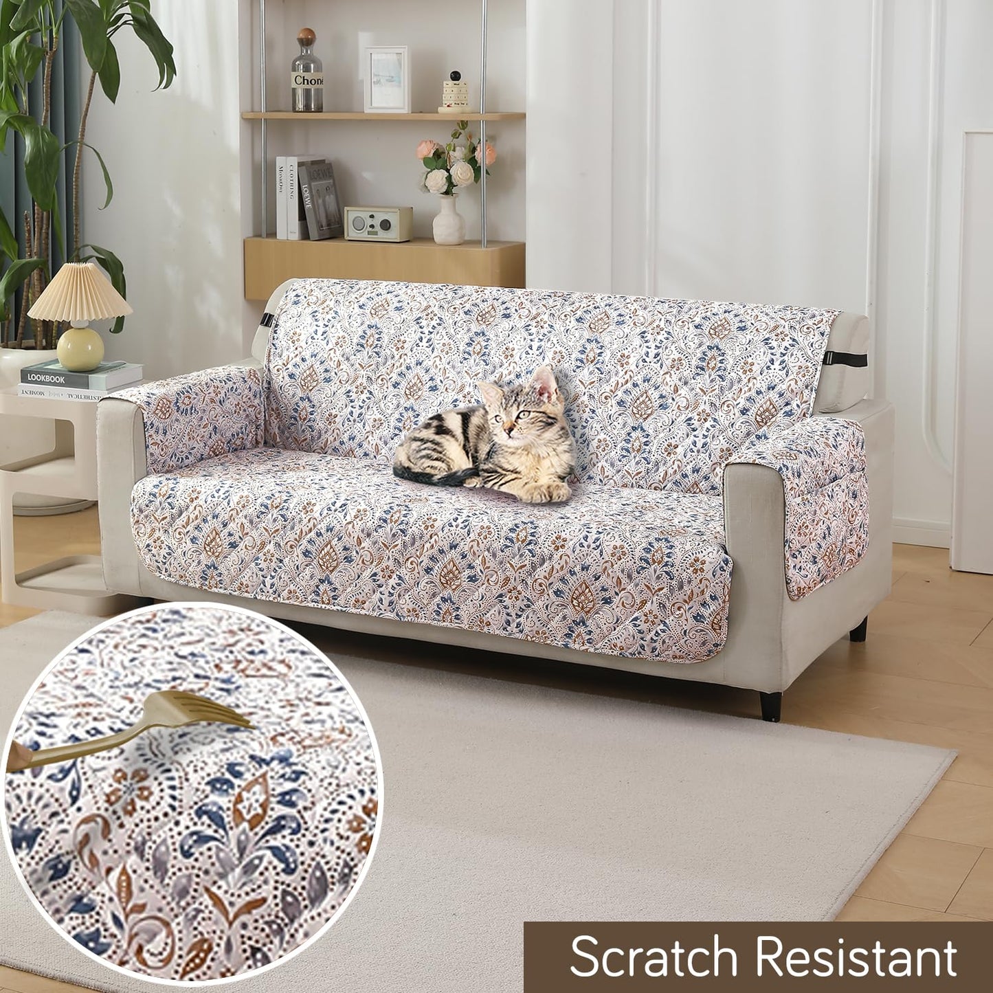 Quilted Waterproof Sofa Cover Mat with Pockets on Armrest Cover -Damask White