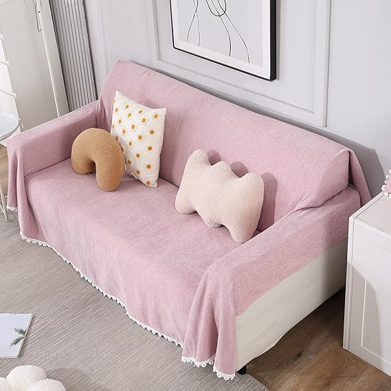Pink colour chenille 3 seater sofa throw of size 180(D)x300(L)