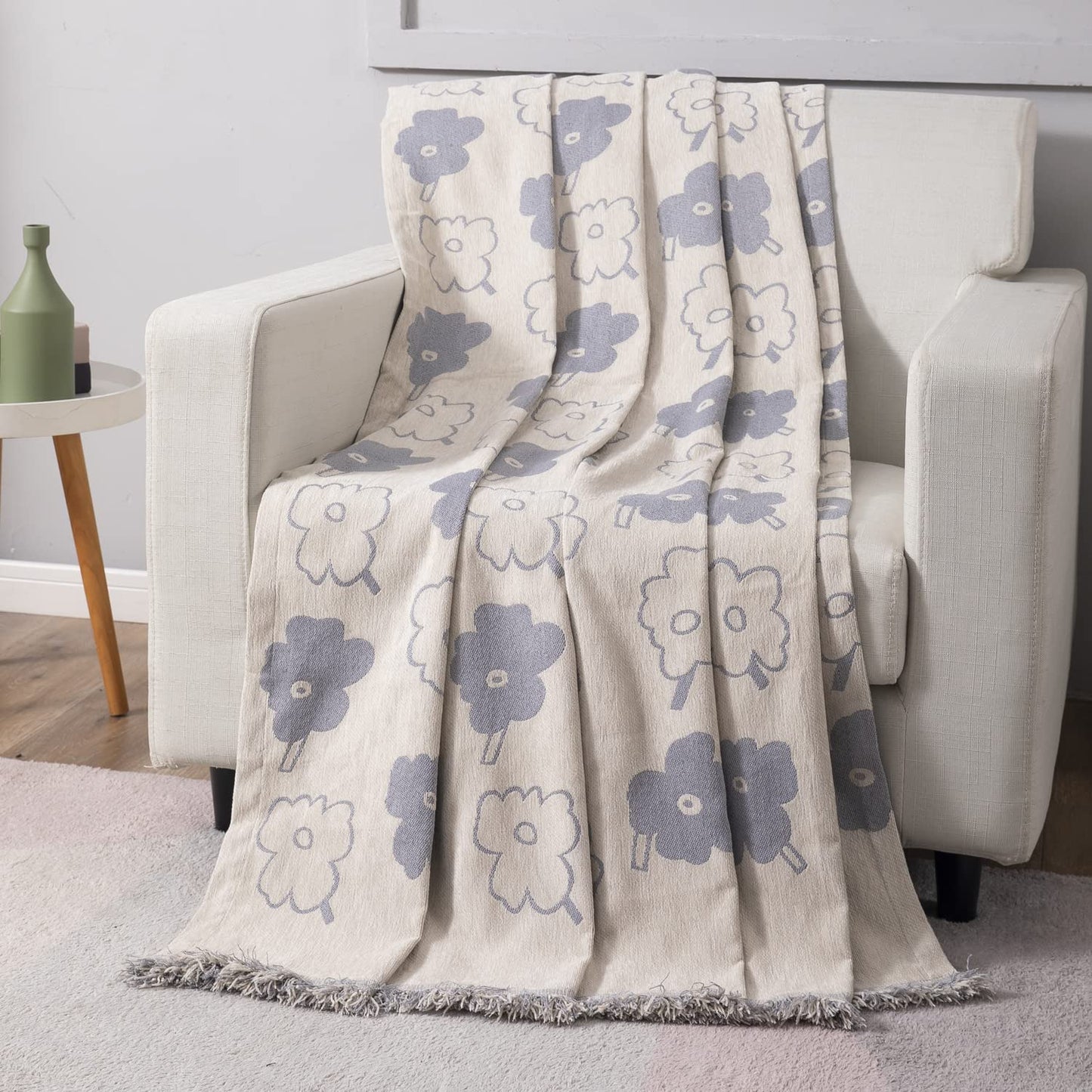 Thick, Soft and Pet Friendly Chenille Sofa Cover Throw, Off-White Floral
