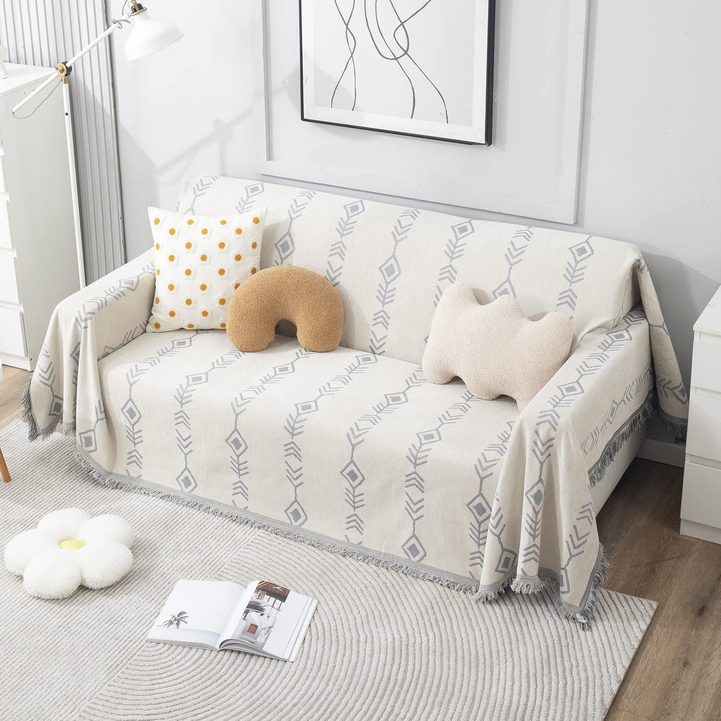 Thick, Soft and Pet Friendly Chenille Sofa Cover Throw, Off-White Aztec