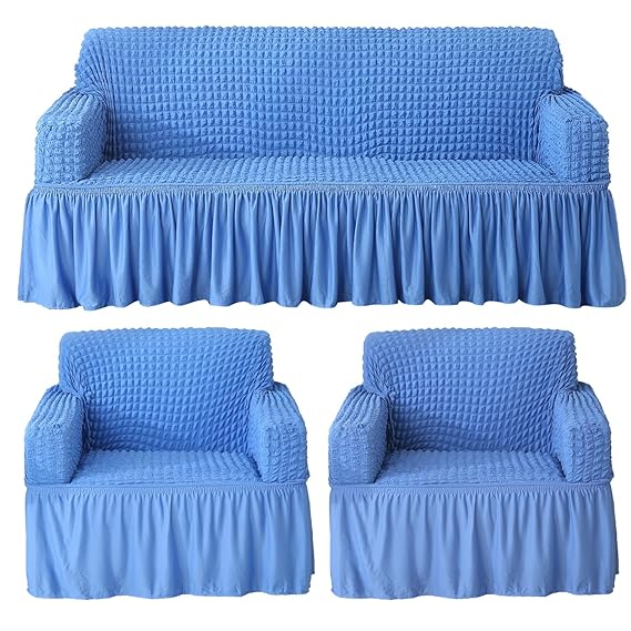 Sky Blue Elastic Turkish Bubble Frill sofa cover for 3+1+1 seater sofa set