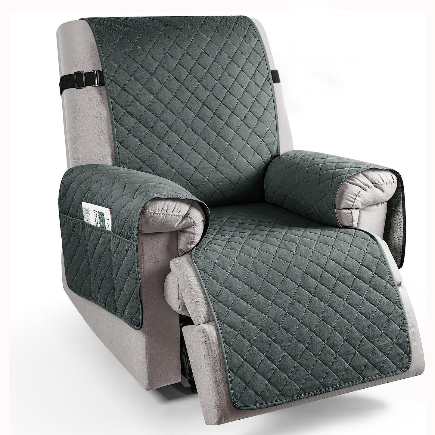 Quilted Recliner Chair Cover With Side Pockets for 1 Seater Sofa, Dark Grey