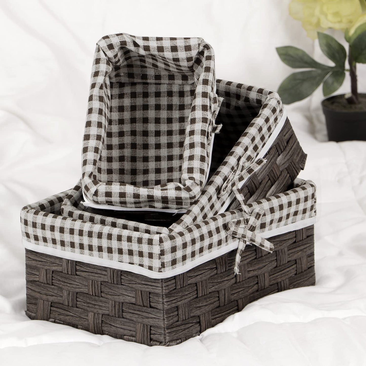 Handwoven Imitation Rattan Wicker Rectangular Basket For Home, Office, Wardrobe. Pack Of 3, Copper Brown