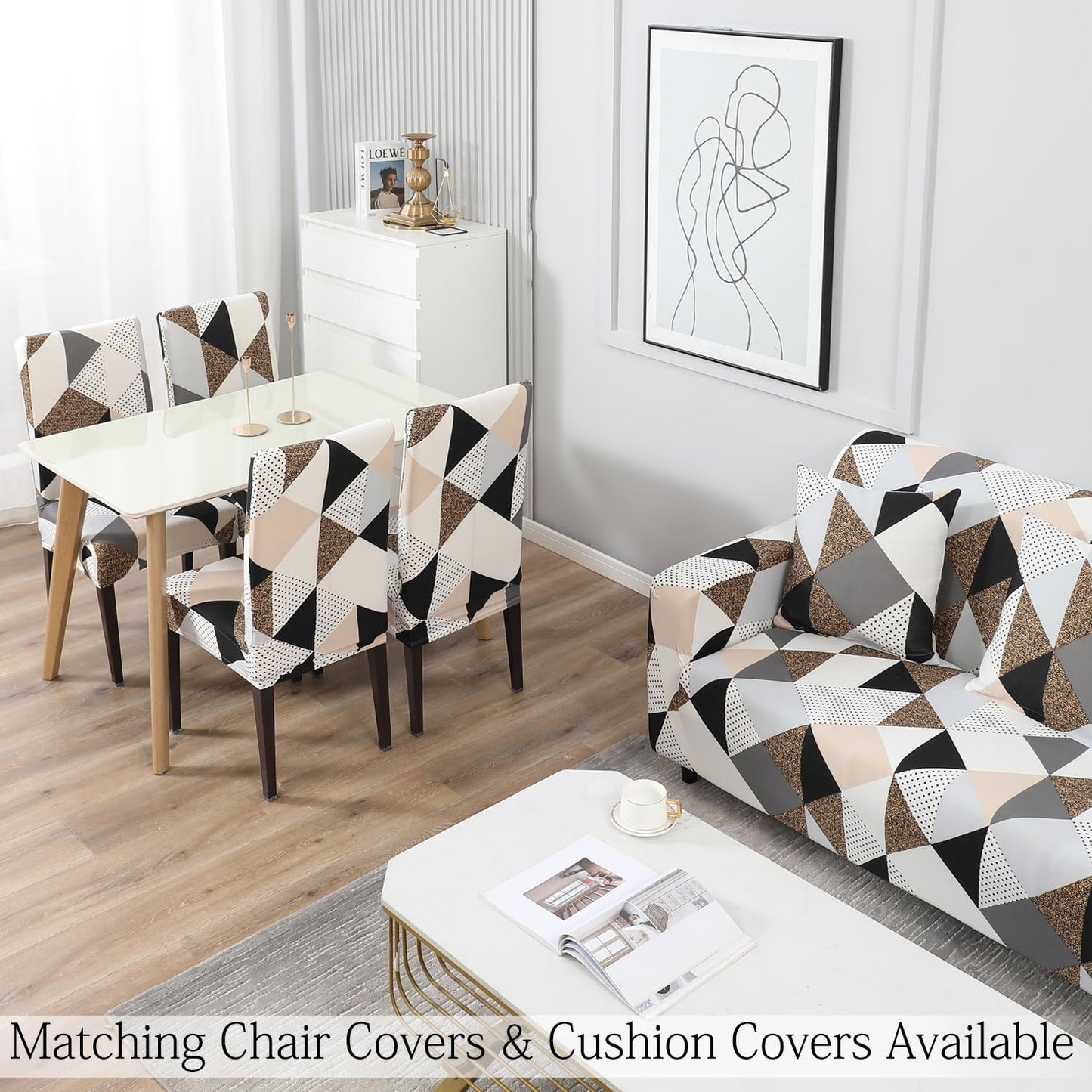 Buy Grey Brown Geometric Matching elastic Cushion covers for chairs and sofas