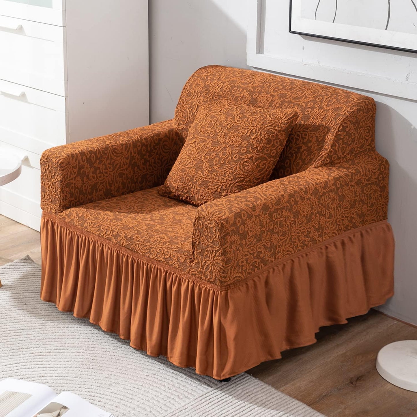 Caramel Brown designer woven jacquard elastic frill 1 seater sofa cover