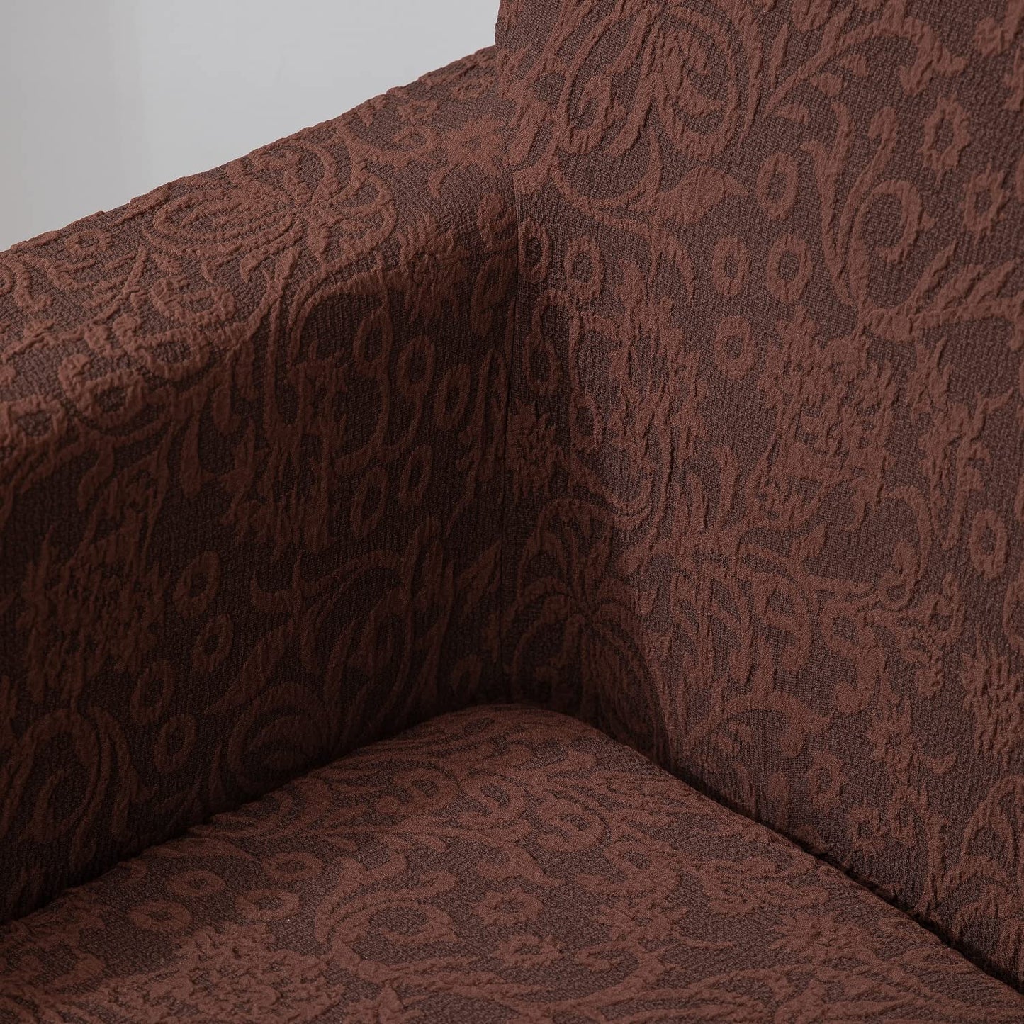 Elastic Stretchable Designer Woven Jacquard Sofa Cover with Frill and Cushion Cover, Pecan Brown