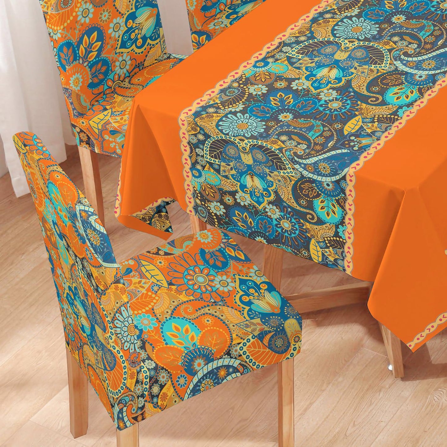 Orange Printed Dining Set Cover | 4/6 Seater