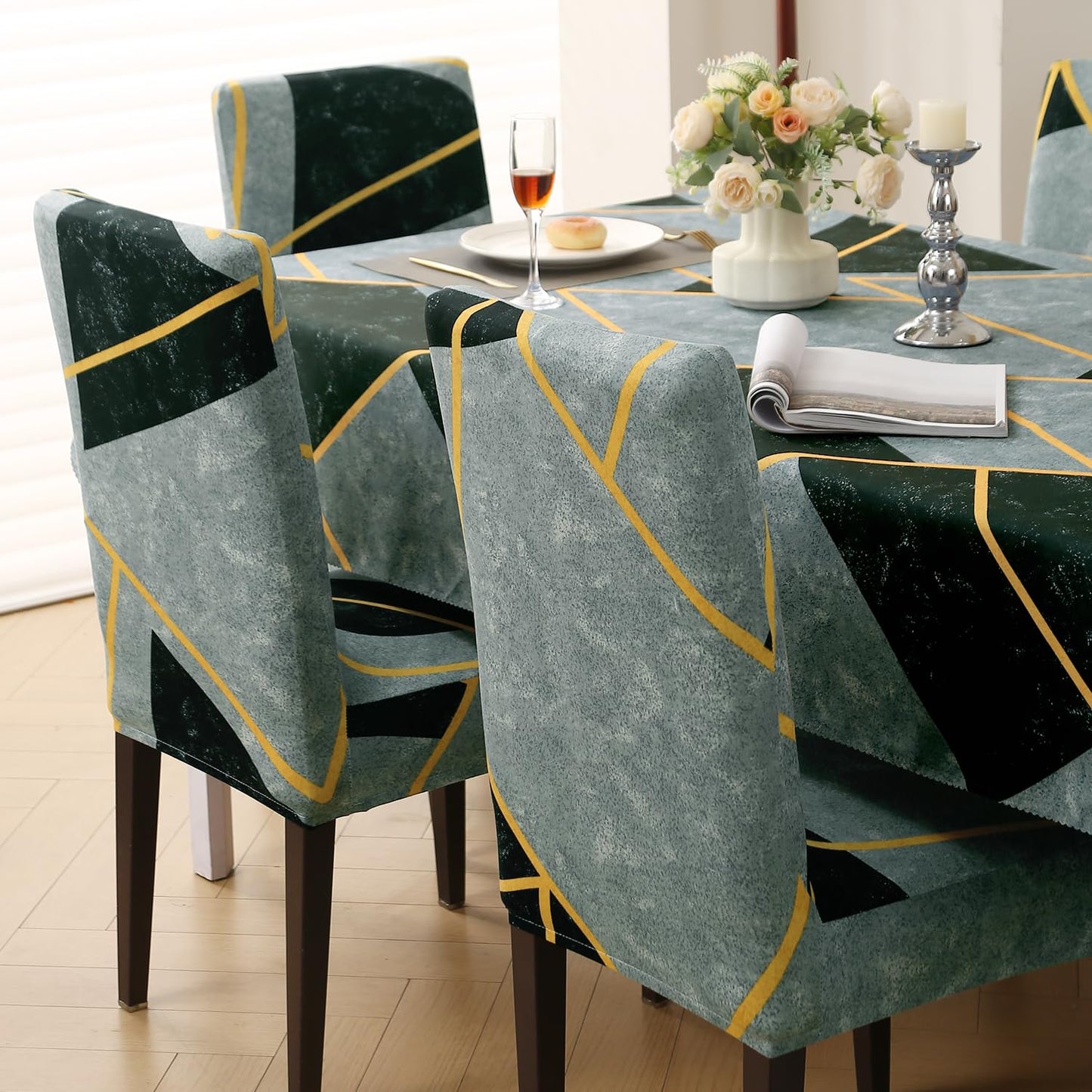HOKIPO Elastic Dining Chair Covers with Matching Tablecloth, Multicolor Abstract Geometry