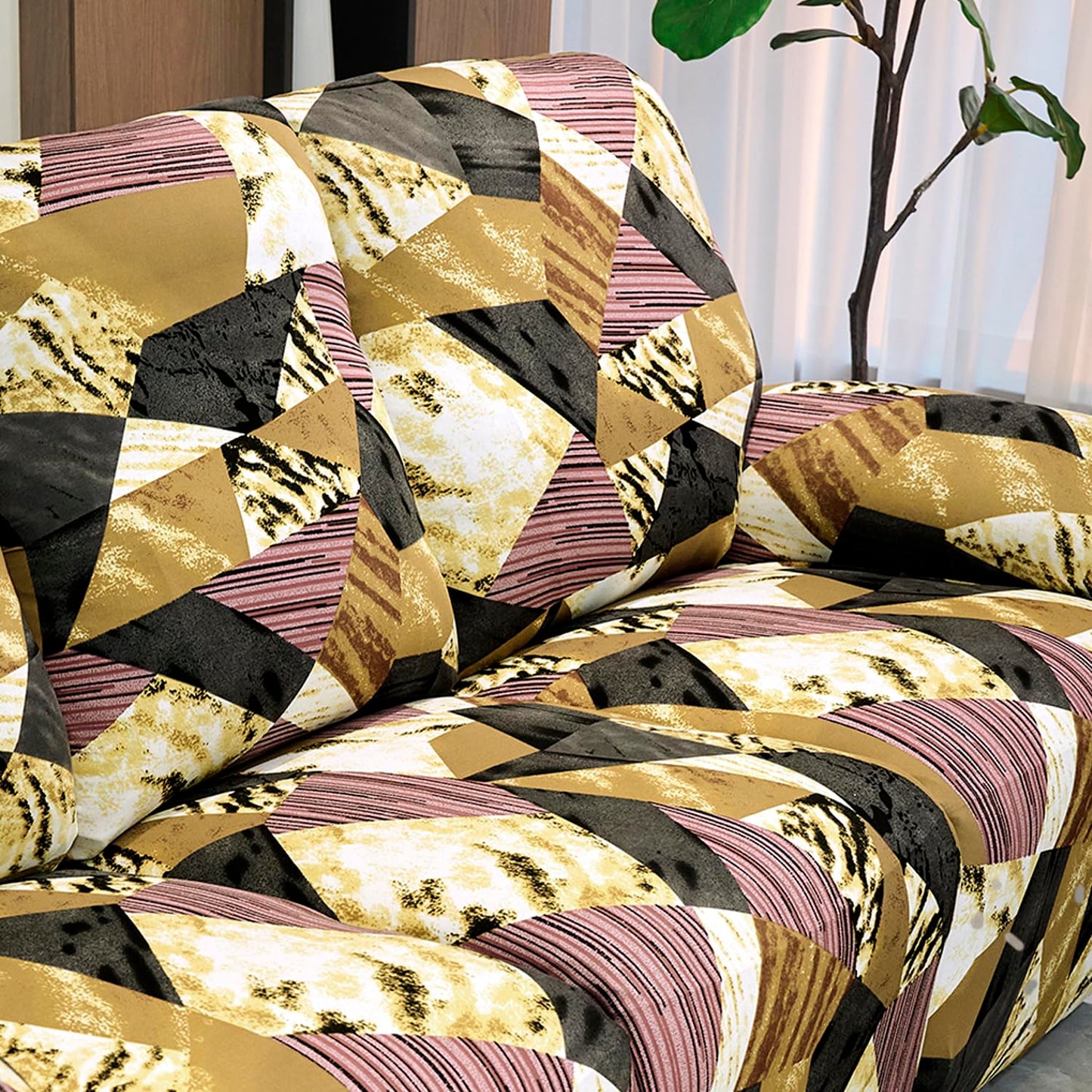 Elastic Stretchable Printed 140gsm Fully Covered Recliner Sofa Cover, Wine Abstract Geometry