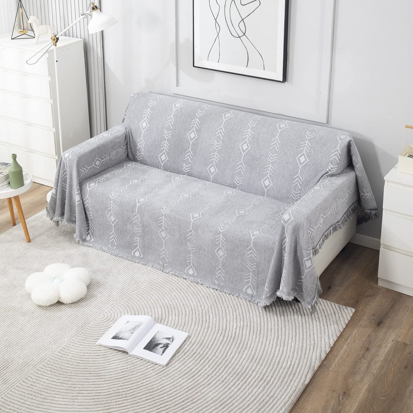 Thick, Soft and Pet Friendly Chenille Sofa Cover Throw, Grey Aztec