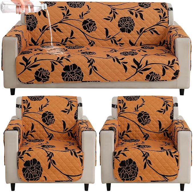 Waterproof & Quick-Dry Quilted Sofa Cover with Pockets on Armrest and Cushion Cover, Copper Brown Floral