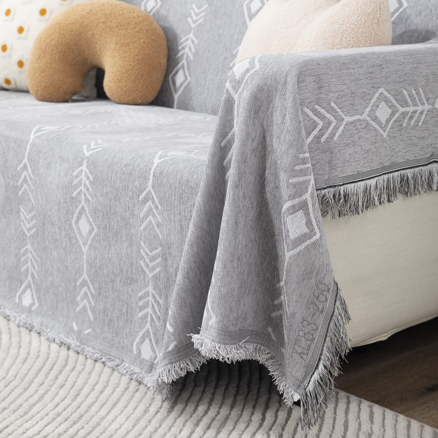 Thick, Soft and Pet Friendly Chenille Sofa Cover Throw, Grey Aztec