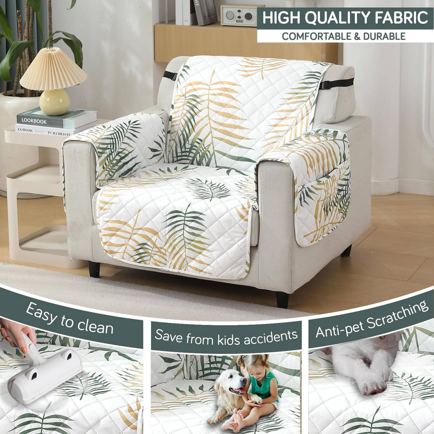 Quilted Waterproof Sofa Cover Mat with Pockets on Armrest Cover - Palm Leaves Forest Green