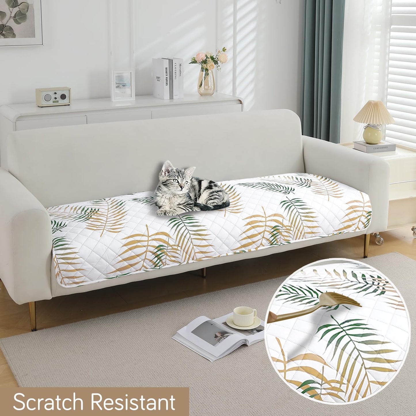 Quilted, Waterproof and Anti-Slip Sofa Cover Mat, Palm Leaves Forest Green