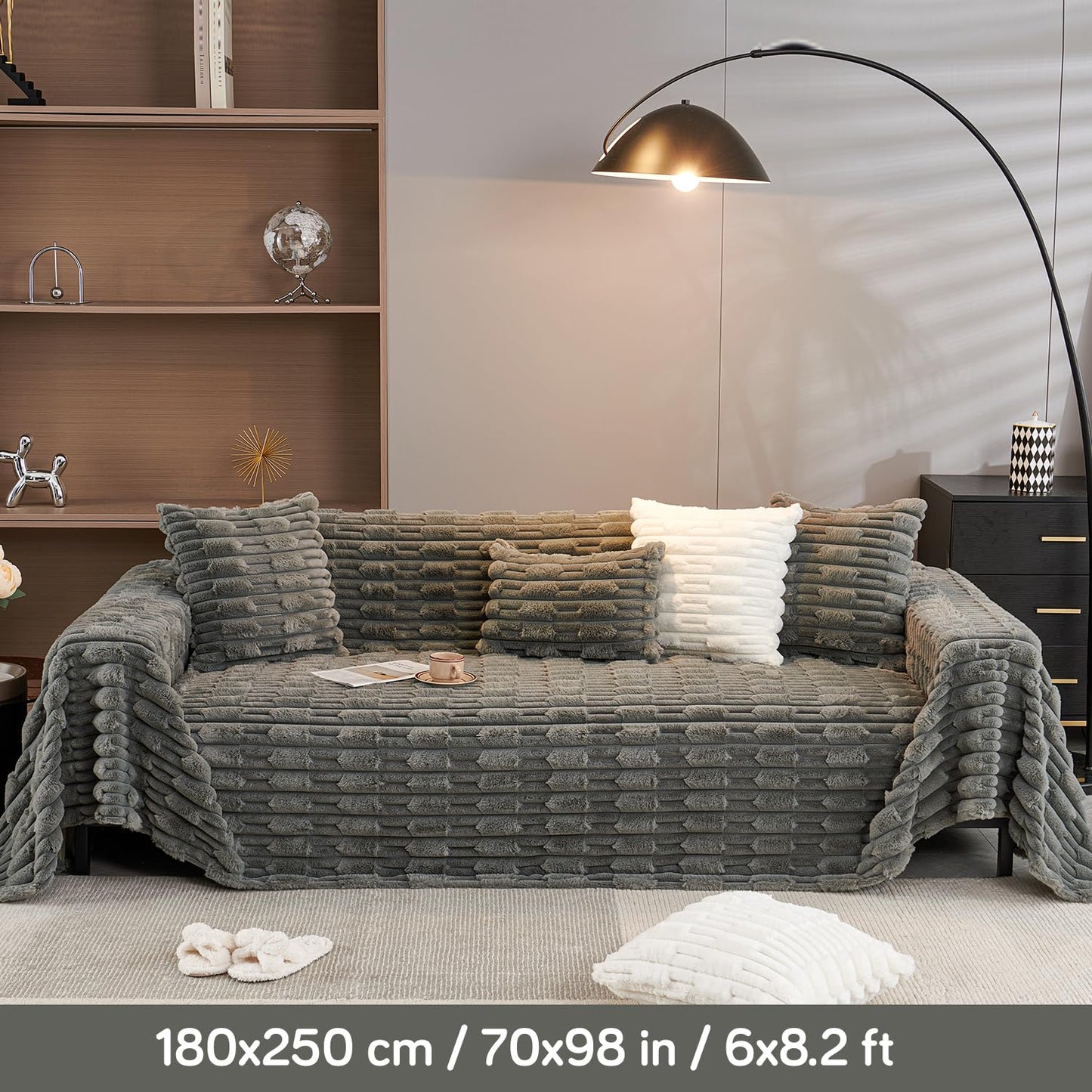 Shop Charcoal Grey Luxury Waxy Faux Rabbit Fluffy Plush Sofa Throw online at HOKIPO