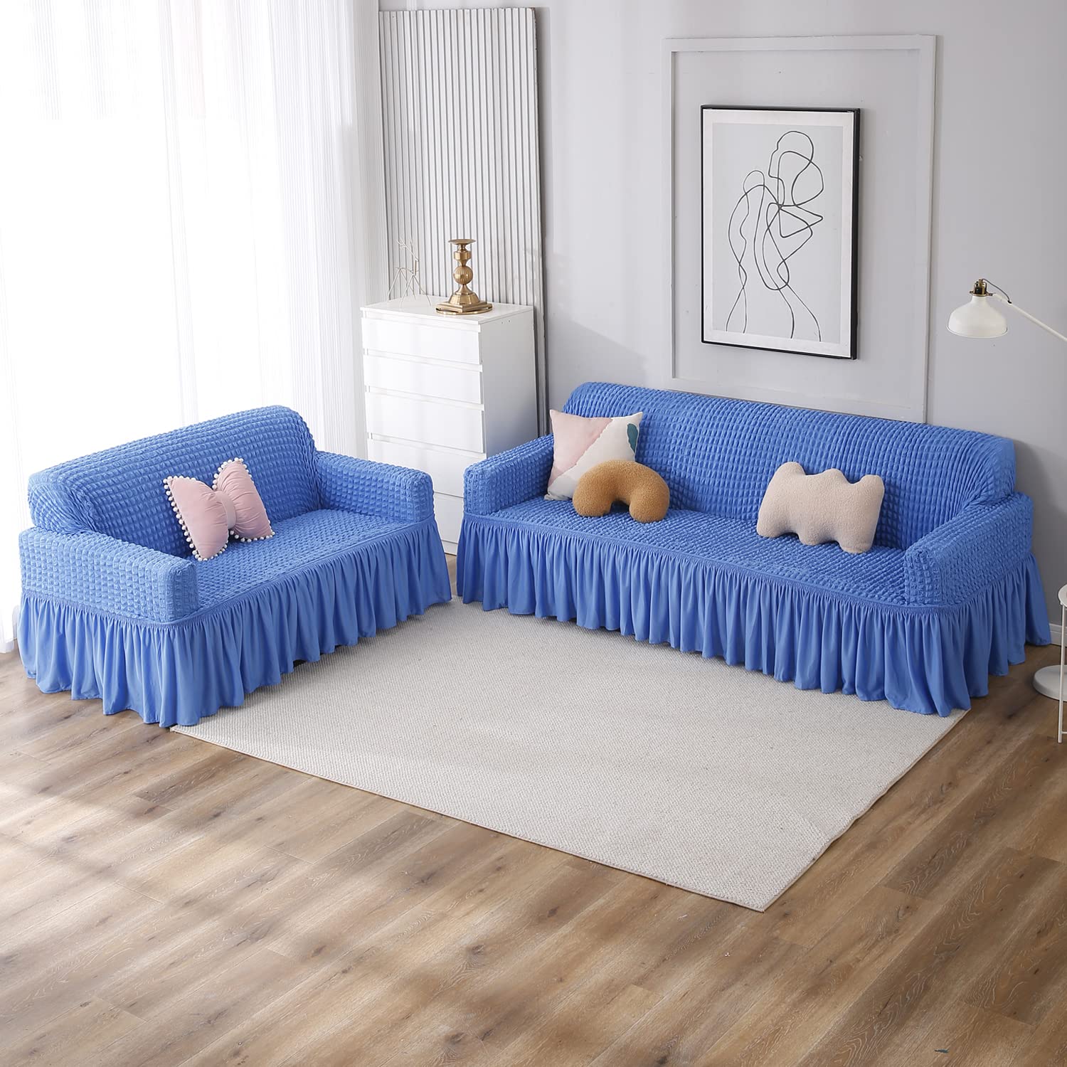 Sky Blue Elastic stretchable Turkish Bubble frill sofa cover for 3 2 seater sofa