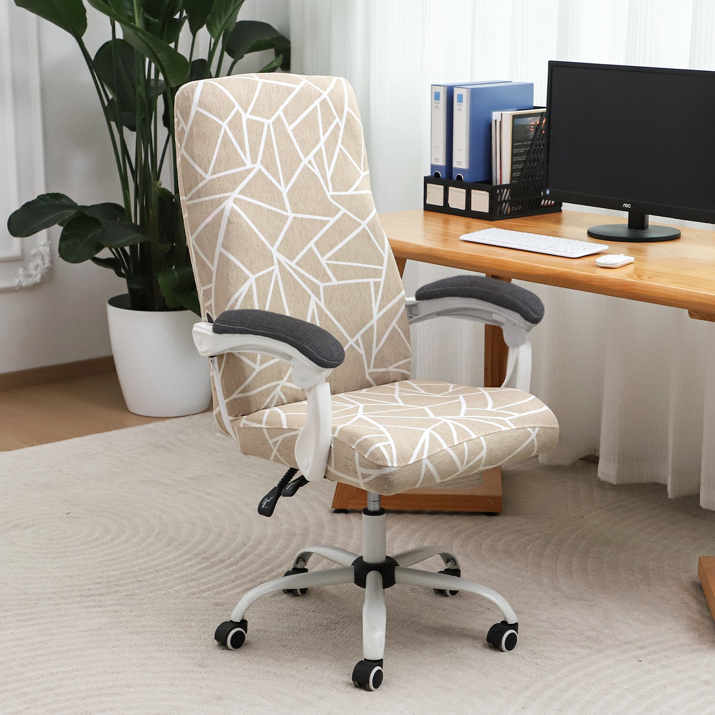 Printed Office Chair Cover for Executive Chair (High-Back) – 140 GSM Stretchable Fabric – Washable & Anti-Slip – Fits Big & Tall Office Chairs, Beige Abstract Geometry