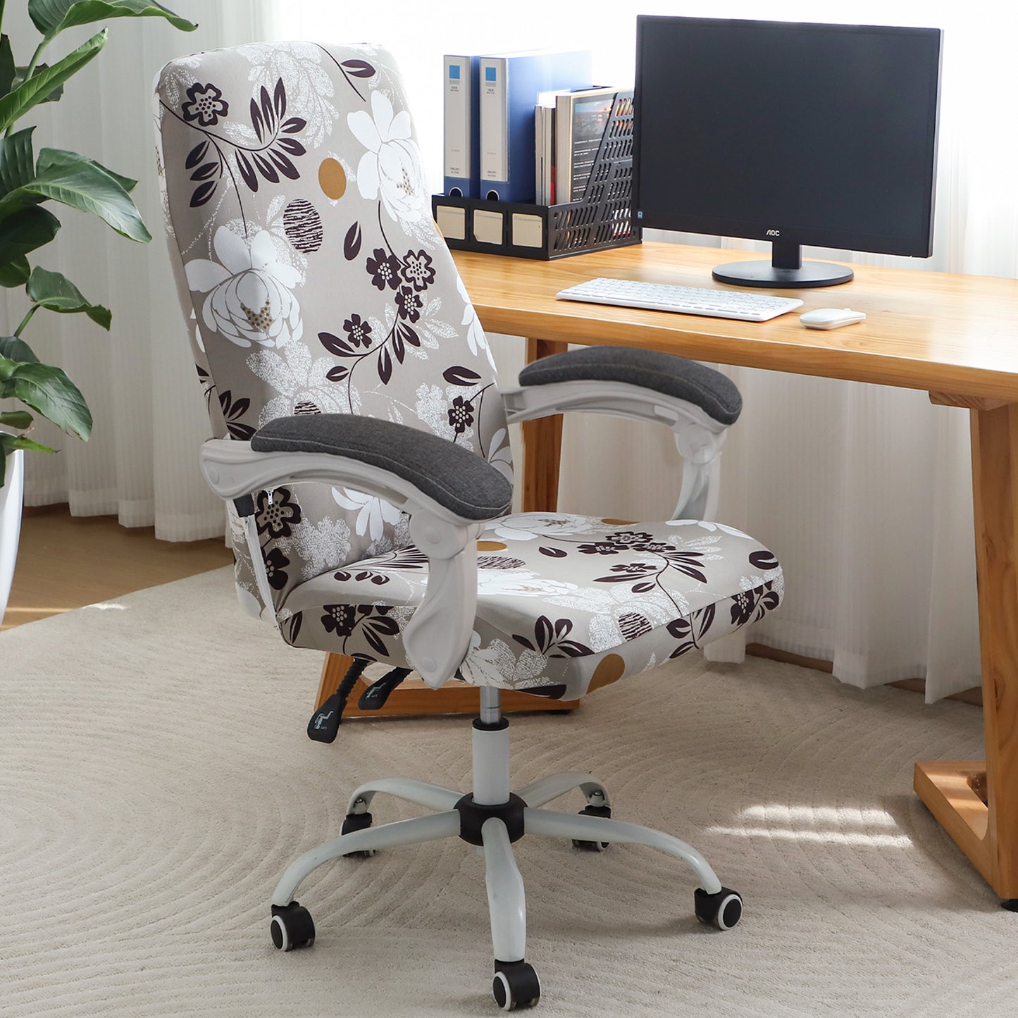 Printed Office Chair Cover for Executive Chair (High-Back) – 140 GSM Stretchable Fabric – Washable & Anti-Slip – Fits Big & Tall Office Chairs, Feather Brown Floral