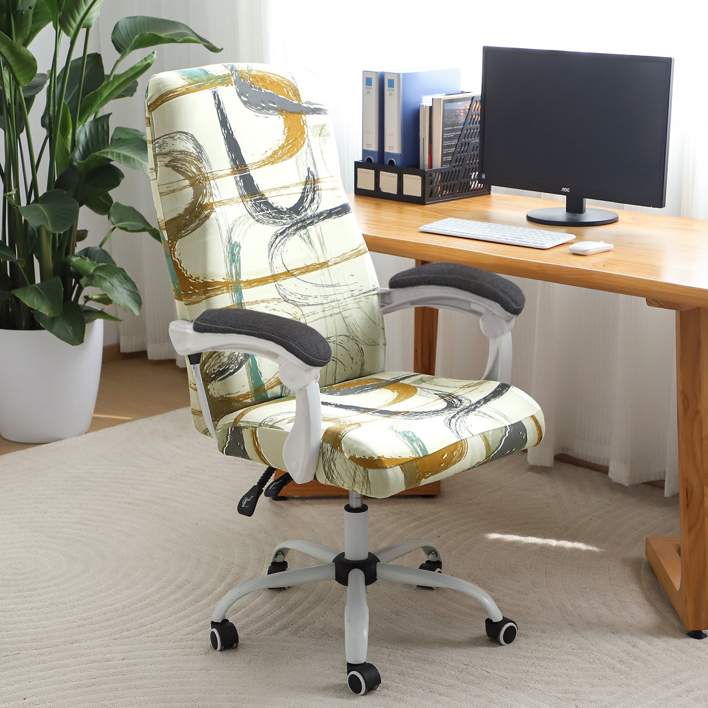 Printed Office Chair Cover for Executive Chair (High-Back) – 140 GSM Stretchable Fabric – Washable & Anti-Slip – Fits Big & Tall Office Chairs, Parchement Beige Abstract Art