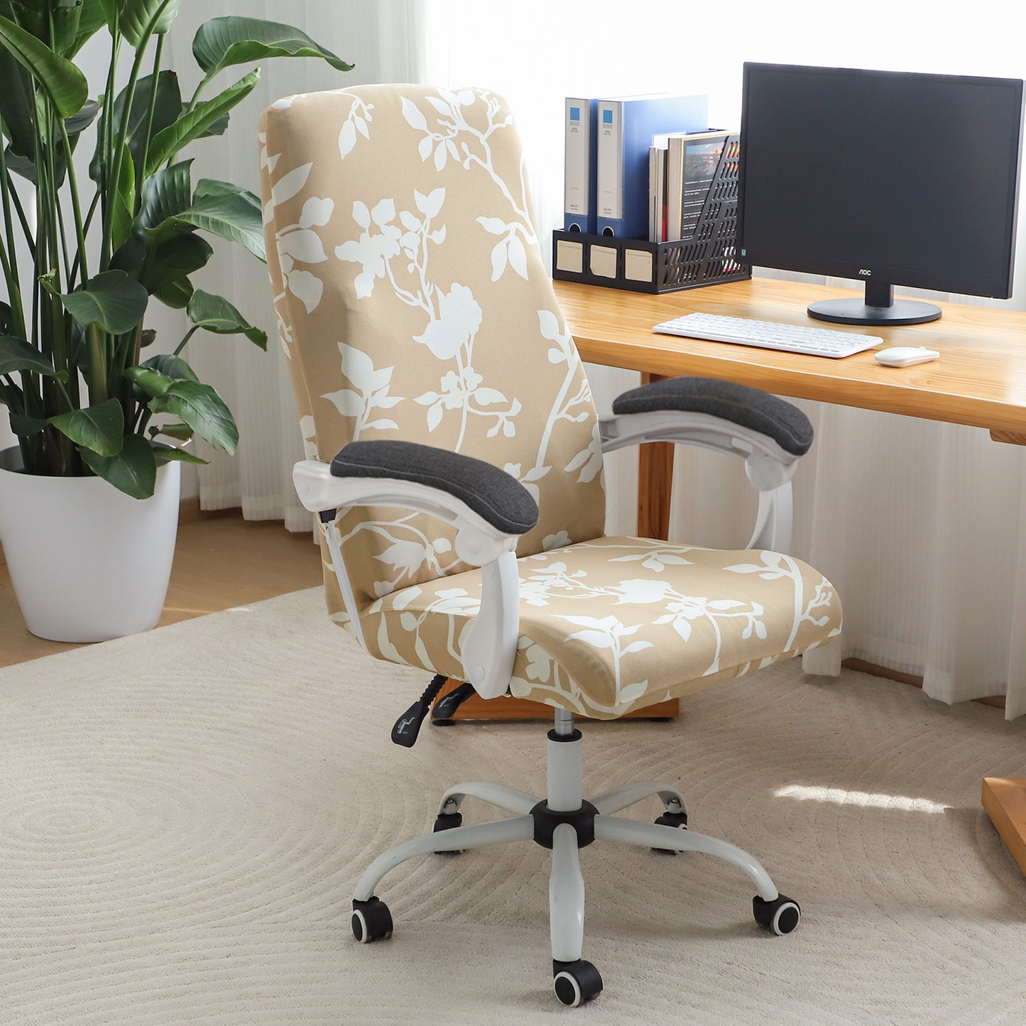 Printed Office Chair Cover for Executive Chair (High-Back) – 140 GSM Stretchable Fabric – Washable & Anti-Slip – Fits Big & Tall Office Chairs, Buff Brown Sillehoute Floral