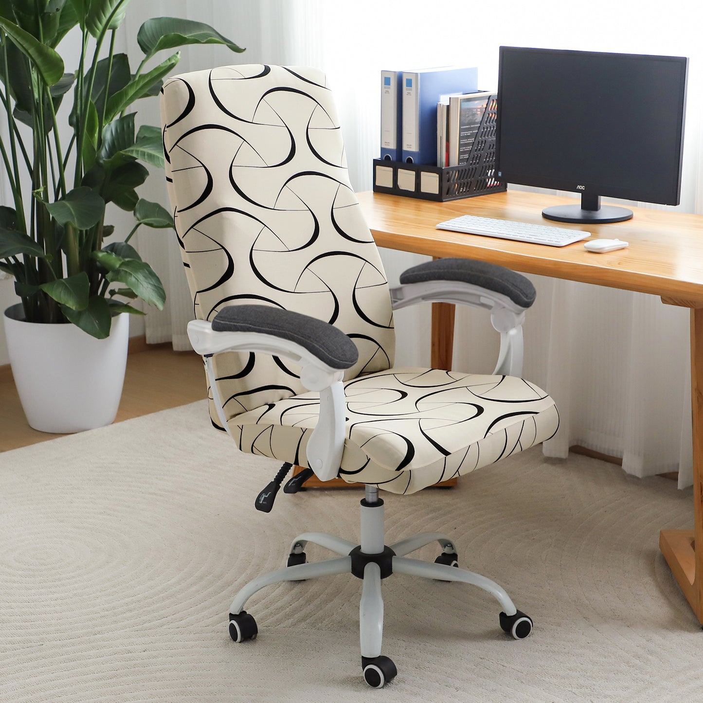 Printed Office Chair Cover for Executive Chair (High-Back) – 140 GSM Stretchable Fabric – Washable & Anti-Slip – Fits Big & Tall Office Chairs, Natural Beige Abstract Art
