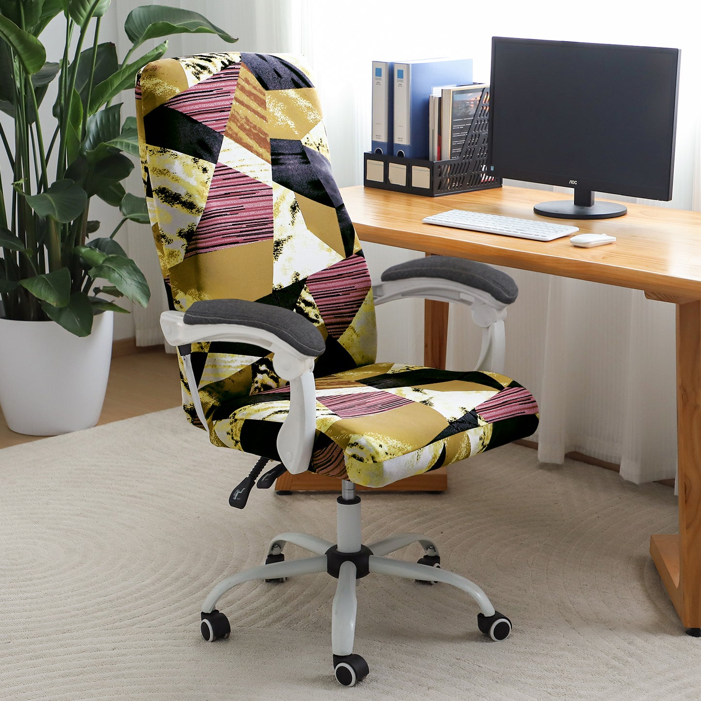 Printed Office Chair Cover for Executive Chair (High-Back) – 140 GSM Stretchable Fabric – Washable & Anti-Slip – Fits Big & Tall Office Chairs, Wine Abstract Geometry