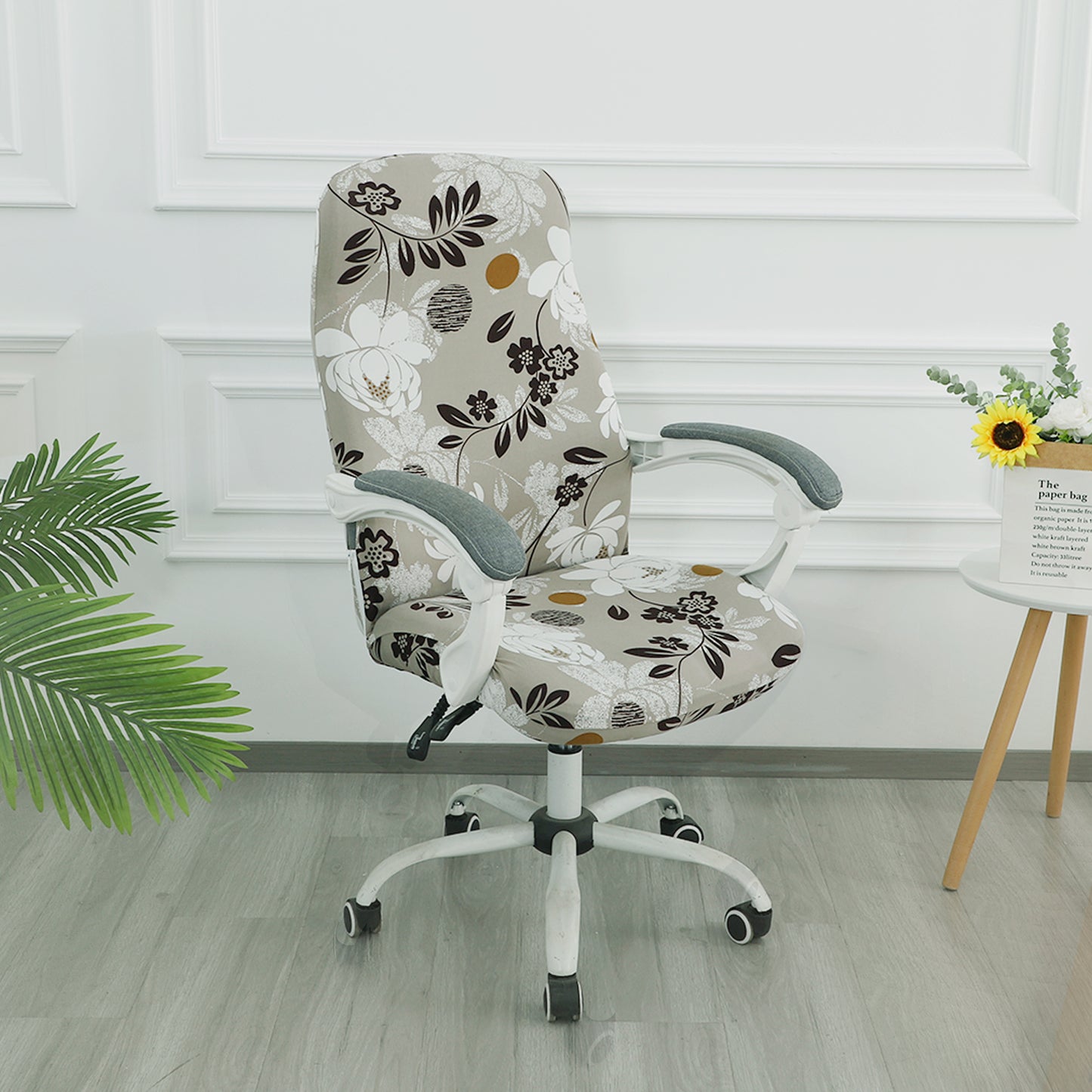 Printed Office Chair Cover for Desk Chair (Mid-Back) – 140 GSM Stretch Fabric – Washable, Durable & Anti-Slip – Fits Mid-Back Office Chairs, Feather Brown Floral - Medium