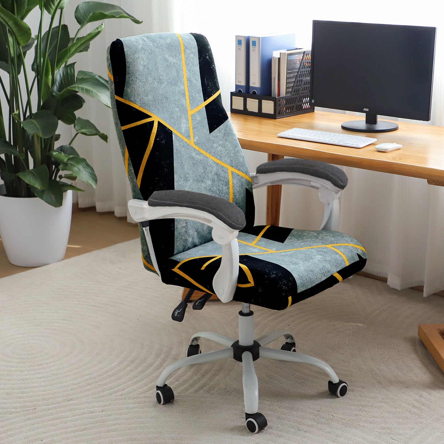 Printed Office Chair Cover for Executive Chair (High-Back) – 140 GSM Stretchable Fabric – Washable & Anti-Slip – Fits Big & Tall Office Chairs, Multicolor Abstract Geometry