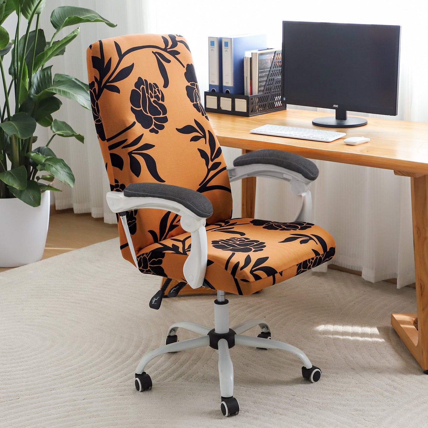 Printed Office Chair Cover for Executive Chair (High-Back) – 140 GSM Stretchable Fabric – Washable & Anti-Slip – Fits Big & Tall Office Chairs, Copper Brown Floral