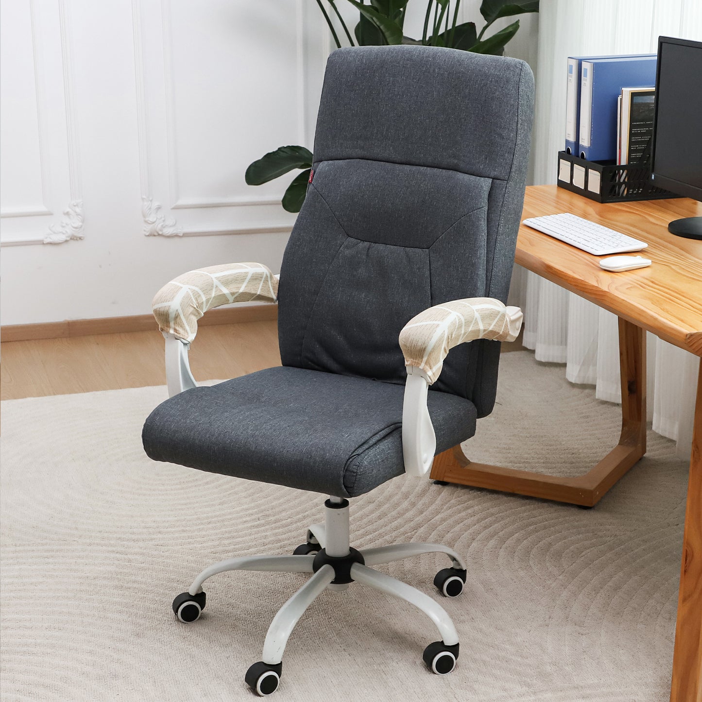 140gsm Printed Armrest Covers for Office Chair (Zipper Style), 1 Pair, Beige Abstract Geometry