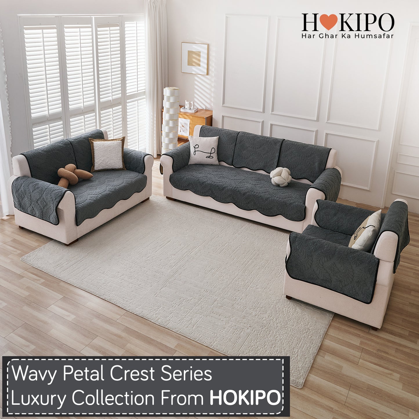 Embossed Floral Jacquard Anti-Slip Sofa Cover Mat, 'Wavy Petal Crest Series' Charcoal Grey