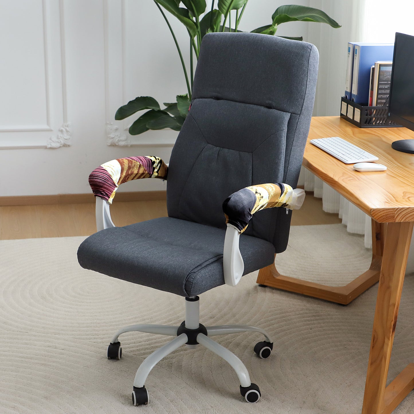 140gsm Printed Armrest Covers for Office Chair (Zipper Style), 1 Pair, Wine Abstract Geometry