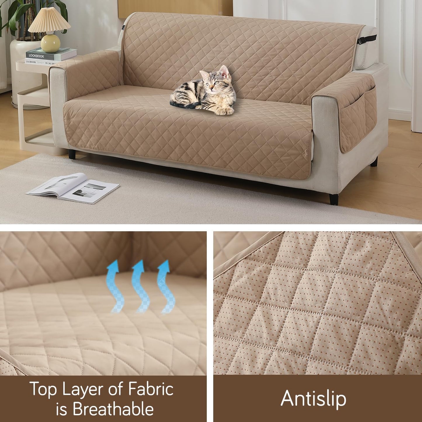 Beige colour Quilted Waterproof Sofa Protector for 3 Seater – Durable, Comfortable & Anti-Slip