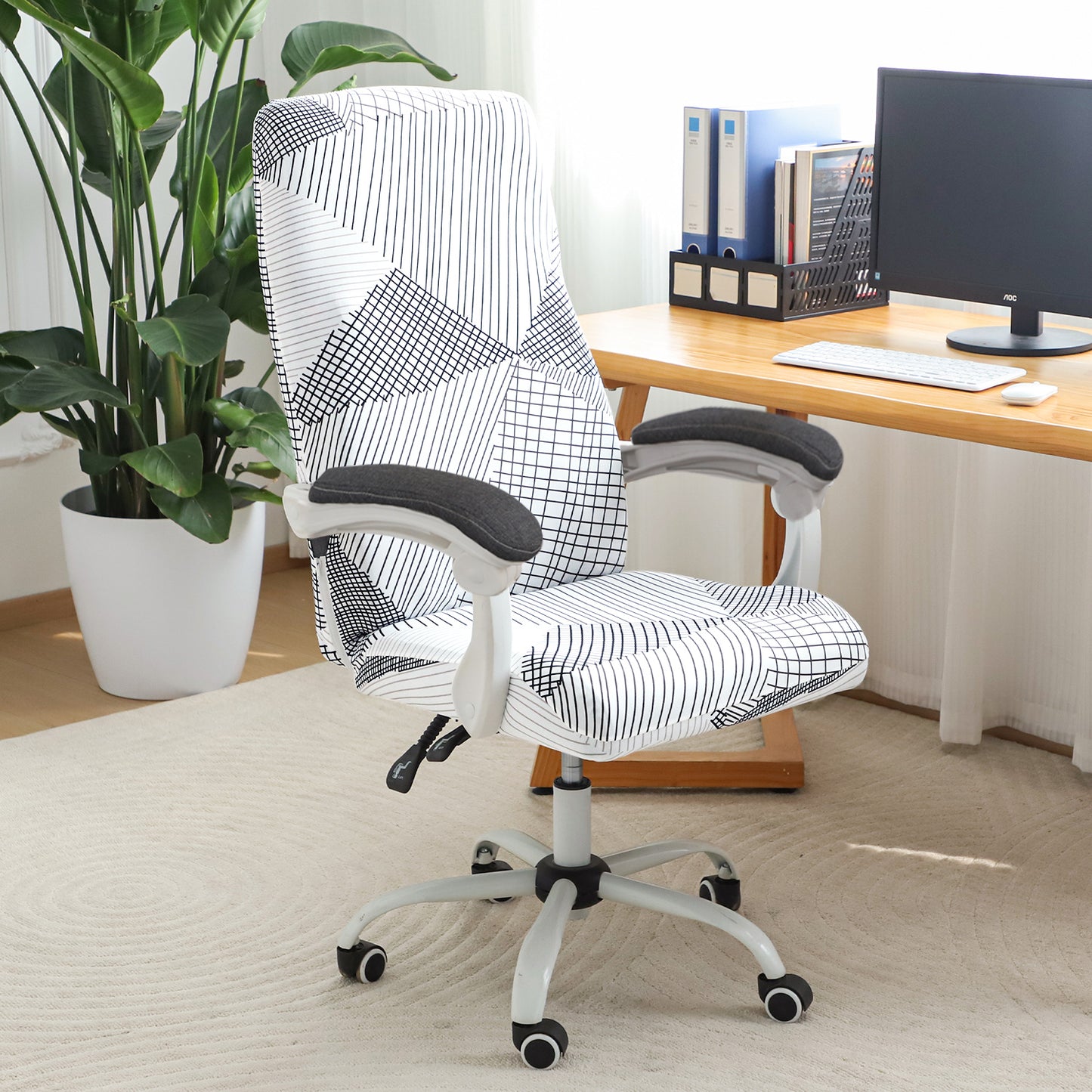 Printed Office Chair Cover for Executive Chair (High-Back) – 140 GSM Stretchable Fabric – Washable & Anti-Slip – Fits Big & Tall Office Chairs, Snow White Black Geometry