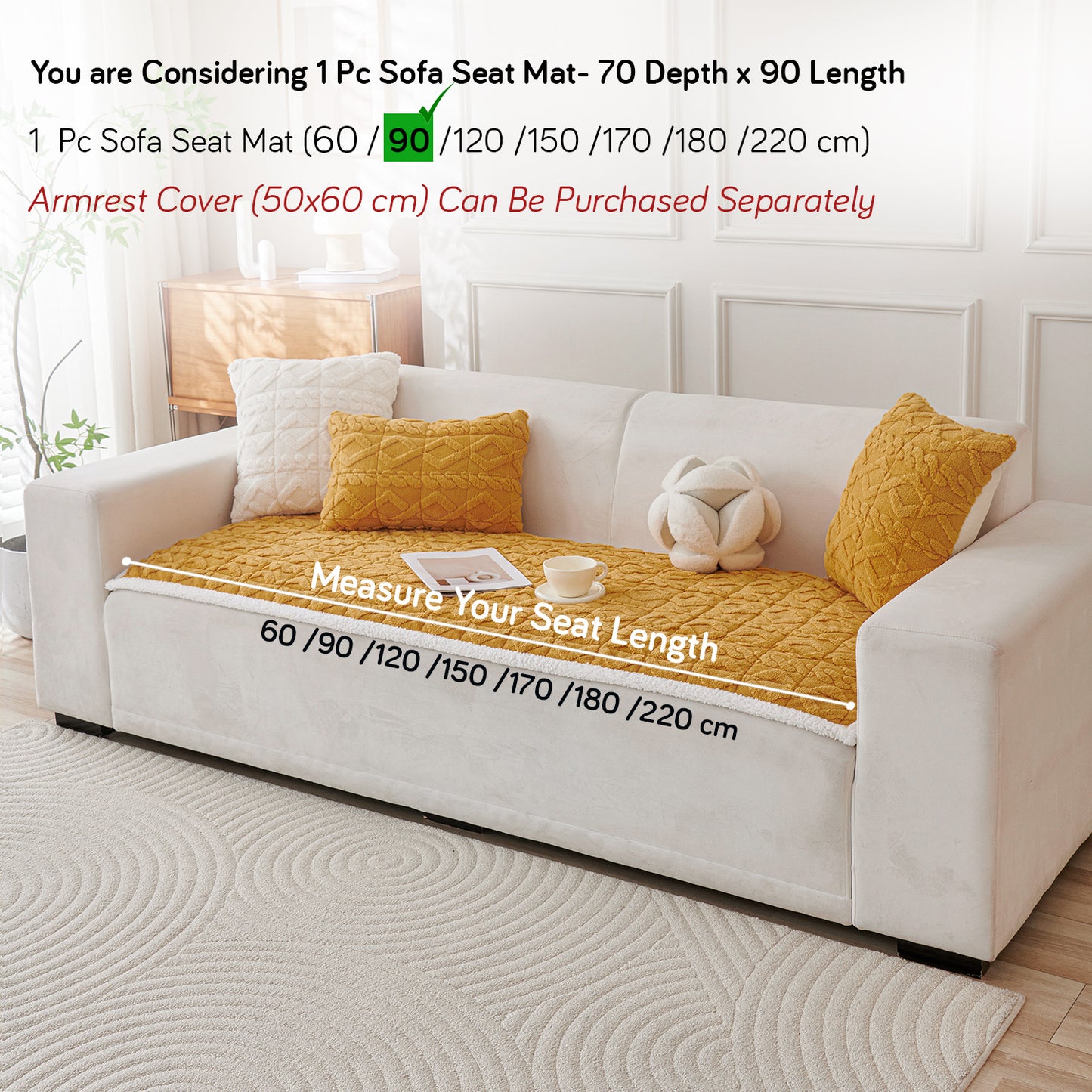 'Italian Caelora' Luxury Jacquard Plush Sofa Cover Mat and Anti-Slip Armrest Covers - Honey Yellow