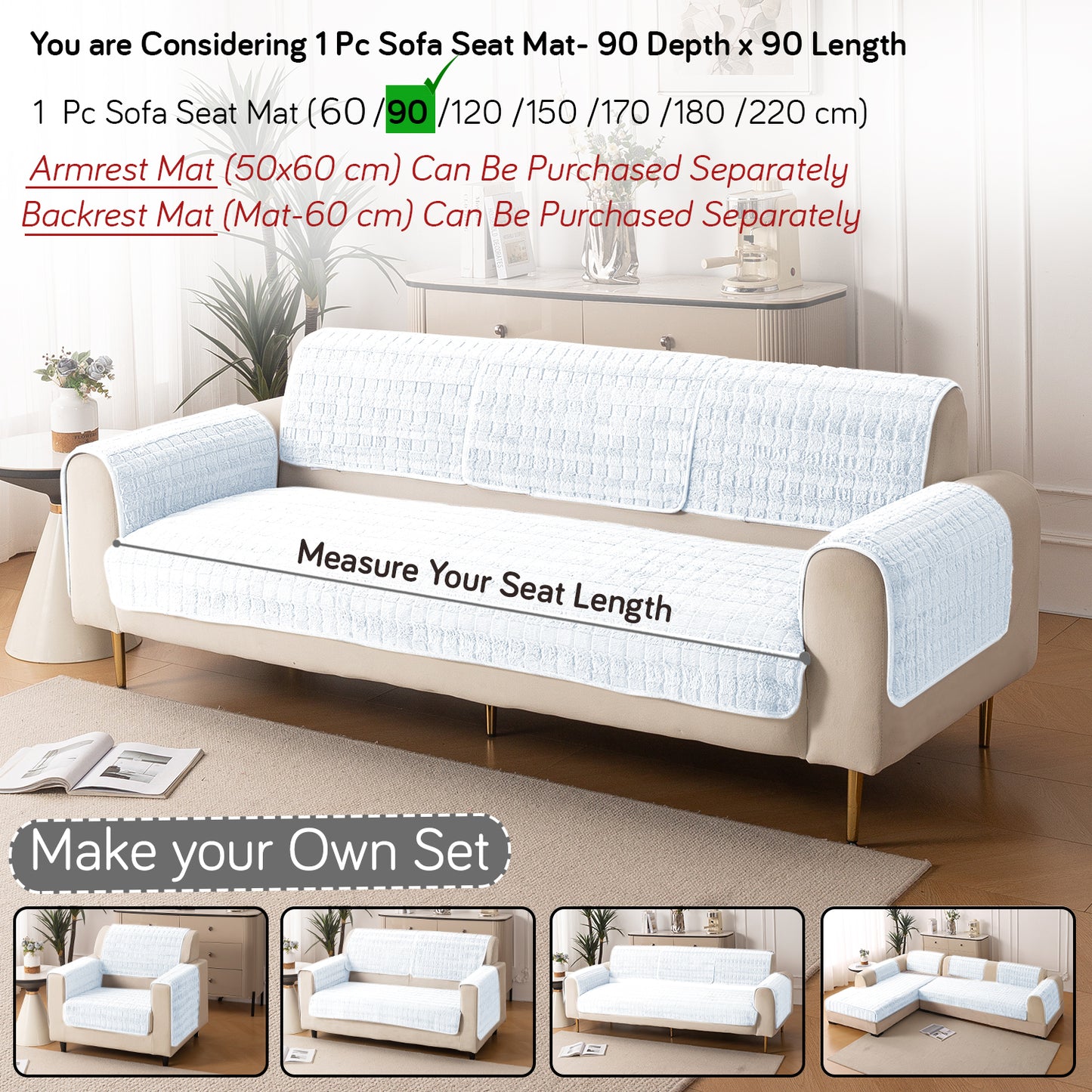 Premium Plush Anti Slip Sofa Cover Mat, White