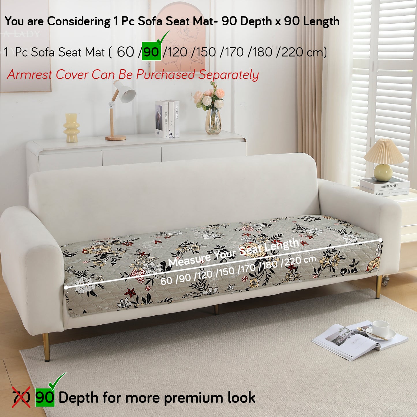 Polyester Printed Quilted Sofa Cover Mats, Floral Ash Grey