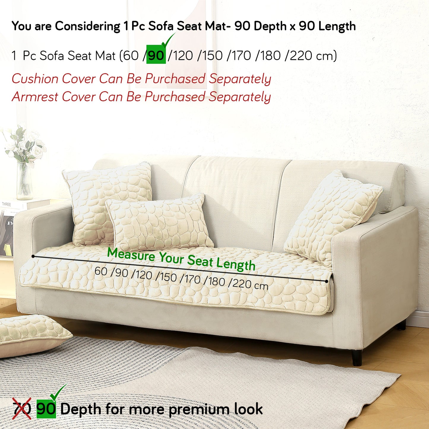 Premium Pebble Milk Velvet Anti Slip Sofa Mats, Bliss White