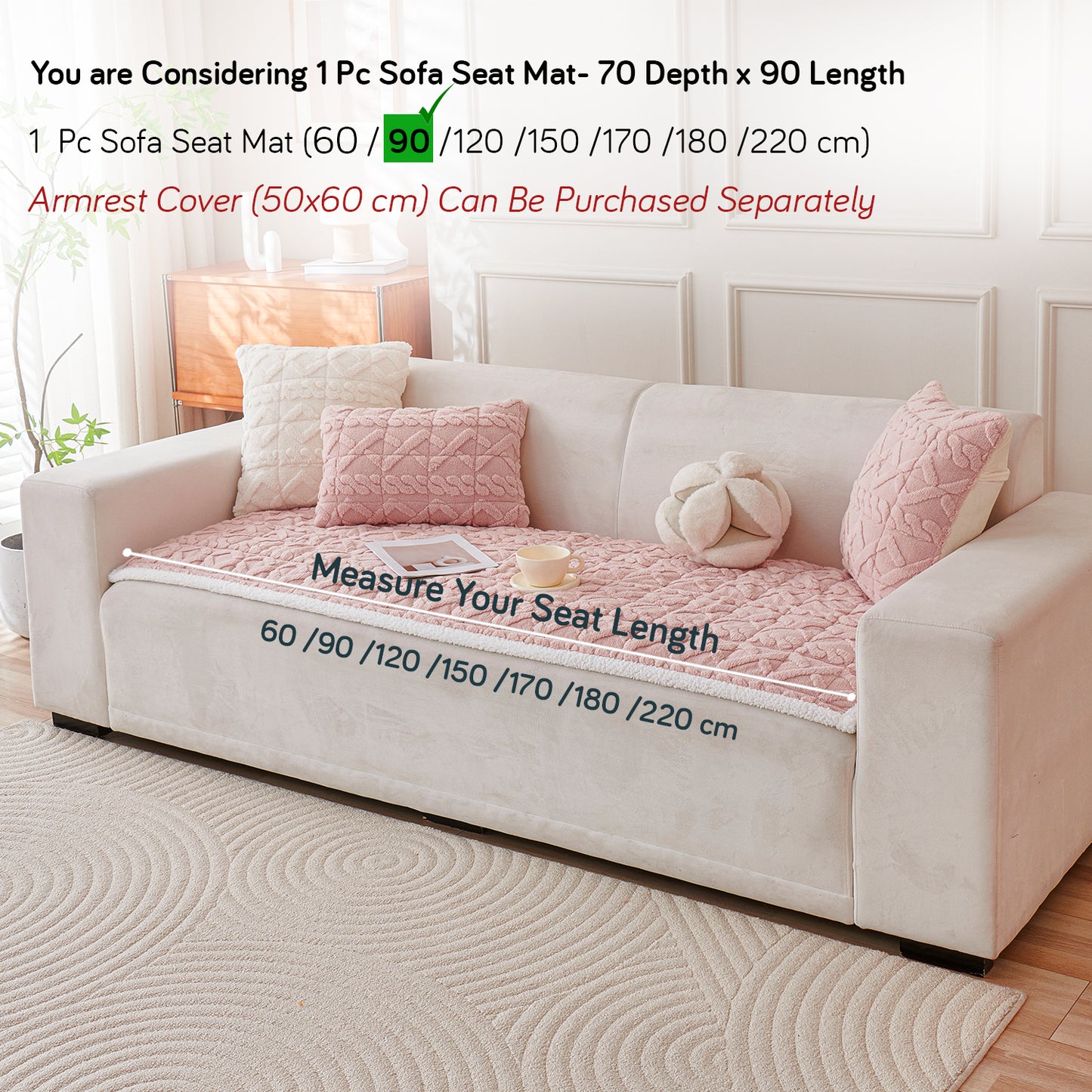 'Italian Caelora' Luxury Jacquard Plush Sofa Cover Mat and Anti-Slip Armrest Covers - Misty Rose