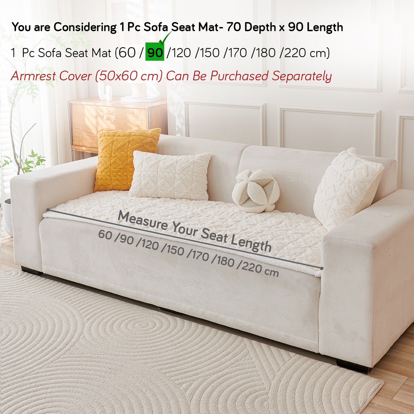 'Italian Caelora' Luxury Jacquard Plush Sofa Cover Mat and Anti-Slip Armrest Covers - Pearl Whit